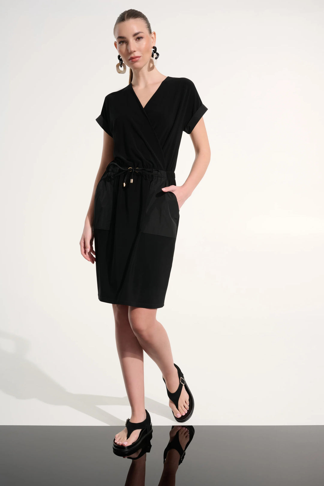 joseph ribkoff dress black Silky Knit and Mesh A-Line Dress With Ruffled Trim, Black